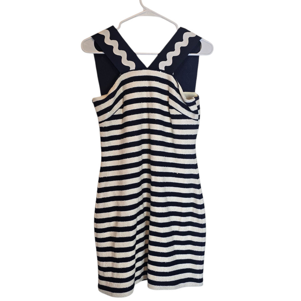 Navy and White Striped Midi Dress with Scallop-Edge Straps
